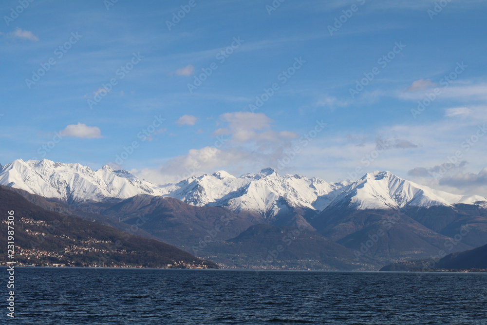 view of the snowy mountains with lake view
