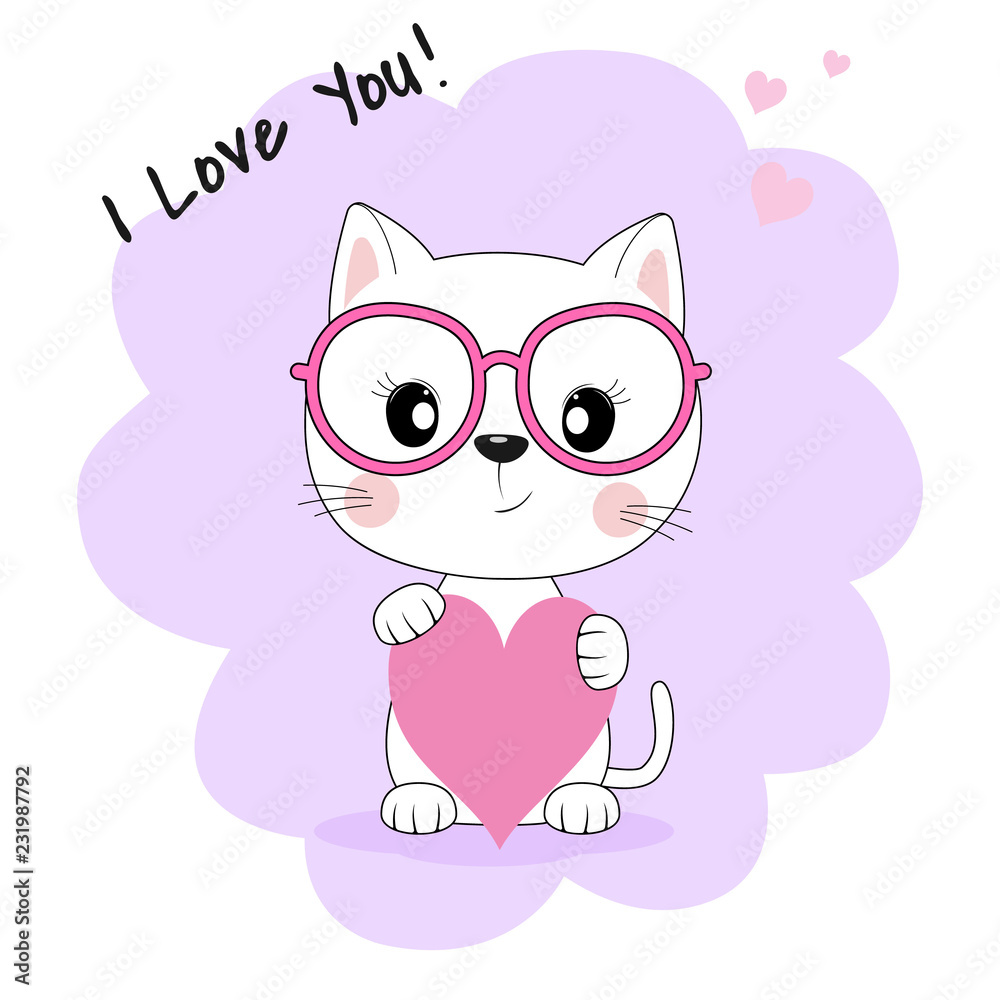 Fantasy cute cat in glasses isolated on pink background.