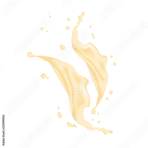 3d realistic twisted pineapple  banana  orange juice milk splash with drops. Isolated banana yogurt caramel cream surfing wave on white background. Product package design.  