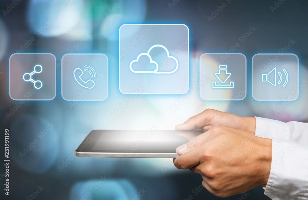 Businessman and tablet pc with abstract business icon sketches Businessman and tablet pc with abstract business icon sketches