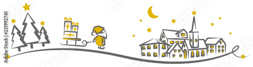 Weihnachten Dorf mit Weihnachtsbaum und Weihnachtsmann mit Geschenken