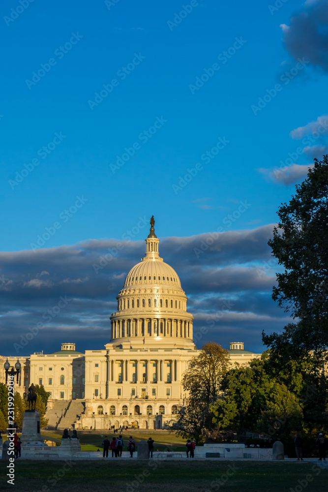 Vertical View of The Capitol Hill in Washington DC at Golden Hour before the Sunset