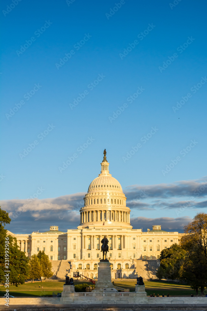 Vertical View of The Capitol Hill in Washington DC at Golden Hour before the Sunset