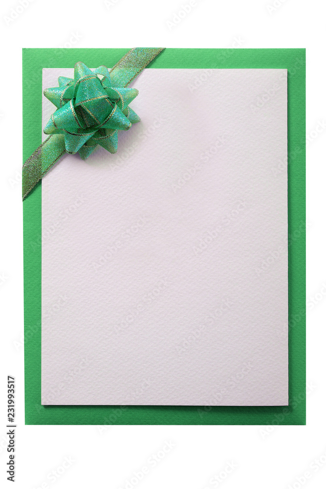 Christmas card green ribbon bow vertical isolated Christmas card green ribbon bow vertical isolated