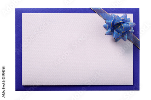 Invite card blue ribbon white copy space isolated