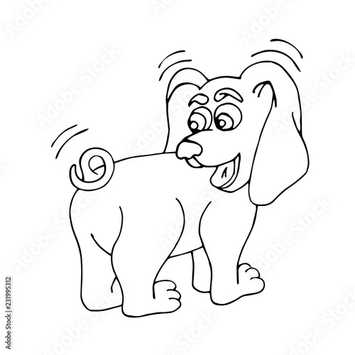 A cute  funny puppy looks at its tail in surprise. Vector isolated illustration on white background. Picture for coloring