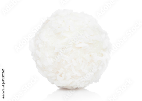 Luxury white chocolate candy with coconut flakes and cream on white background.
