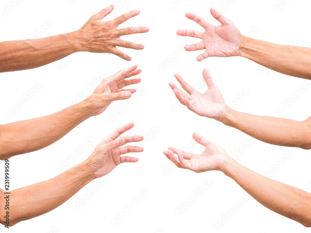 Set of asian man hands isolated on white background
