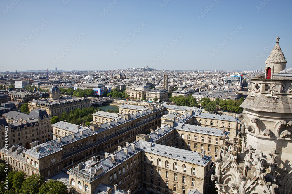 Obraz premium Paris, France - May 6, 2018: Paris Panorama with Basilica Sacre Coeur on the background. View from Cathedral Notre Dame de Paris