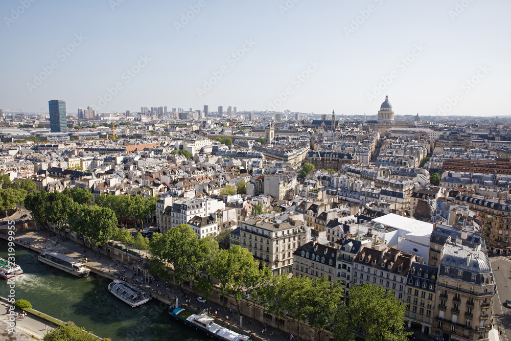 Paris, France - May 6, 2018: Aerial view shot from Notre-Dame Cathedral with the Pantheon in the background