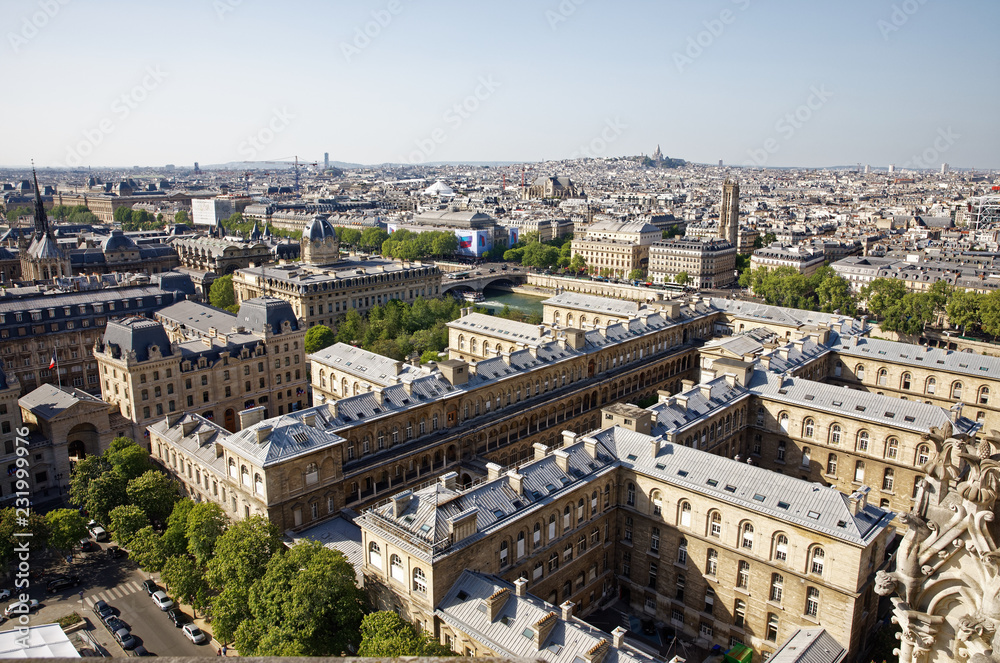 Paris, France - May 6, 2018: Paris Panorama with Basilica Sacre Coeur on the background. View from Cathedral Notre Dame de Paris