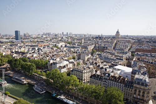 Paris, France - May 6, 2018: Aerial view shot from Notre-Dame Cathedral with the Pantheon in the background