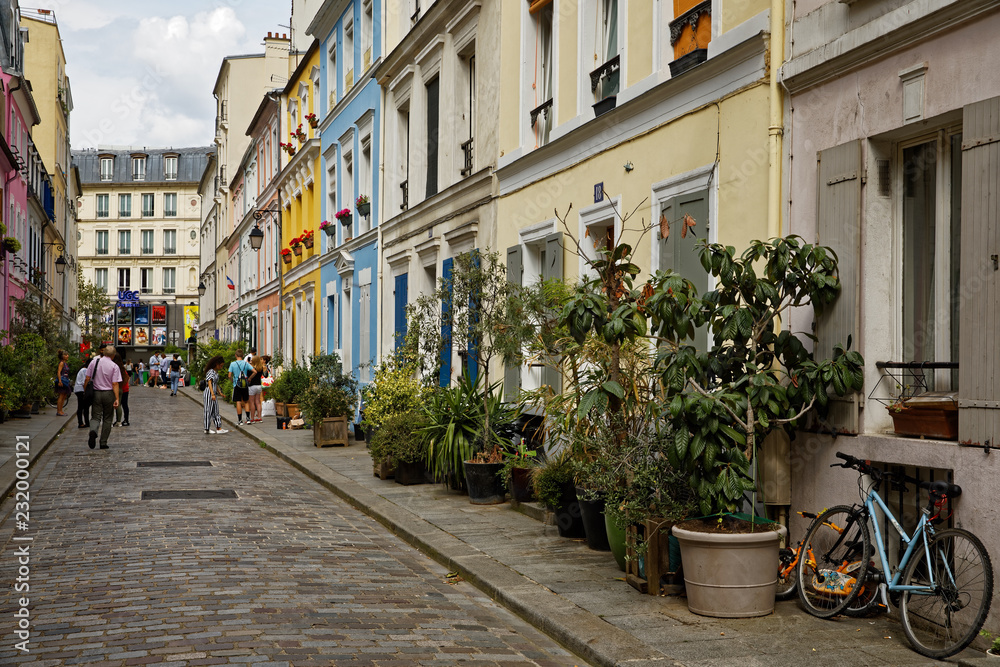 Fototapeta premium Rue Crémieux, Paris, France - July 5, 2018: Rue Cremieux in the 12th Arrondissement is one of the prettiest residential streets in Paris.