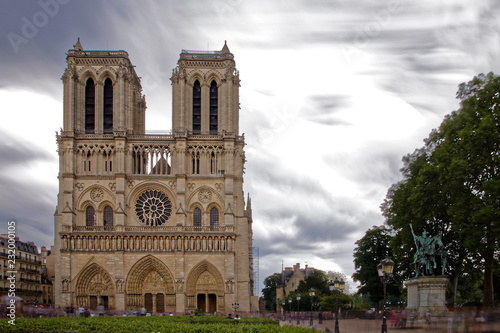 Paris, France - May 25, 2018: View of Notre Dame de Paris cathedral before storm