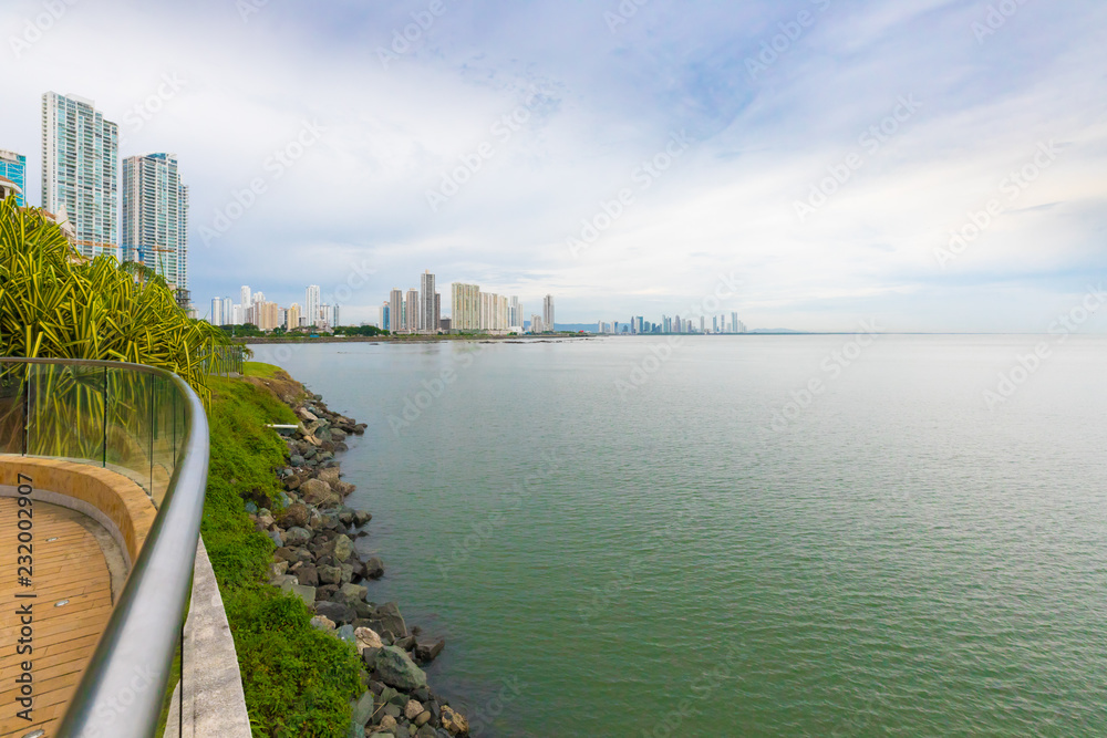 Panama City east coast ocean and skyline panorama