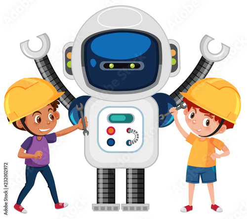 Boys playing with robot