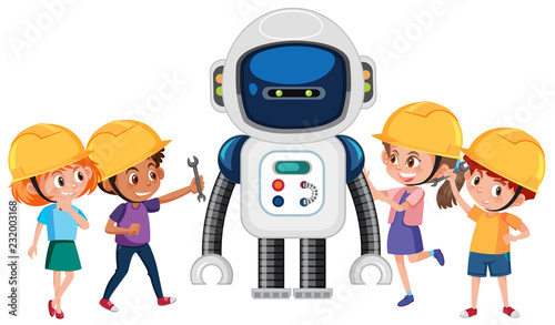 Group of children playing with robot