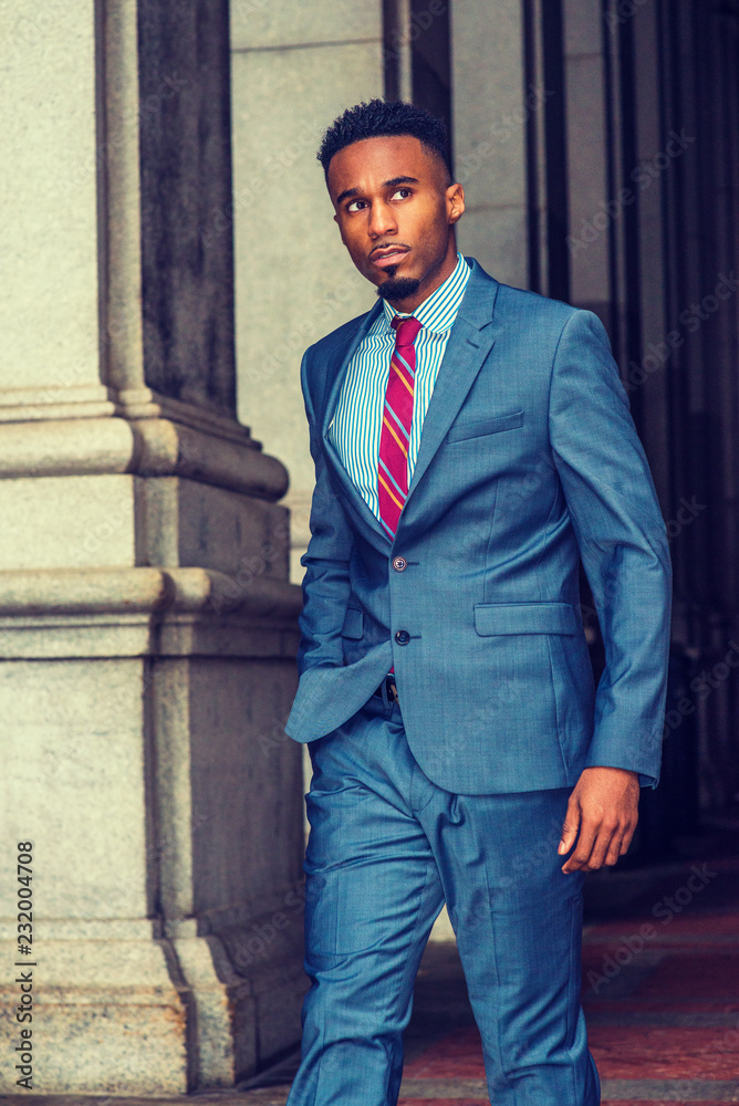 binær udluftning Appel til at være attraktiv Young African American Businessman with beard traveling, working in New  York, wearing dark sky blue suit, white striped shirt, violet red patterned  tie, walking by columns on vintage street, looking.. Stock Photo 
