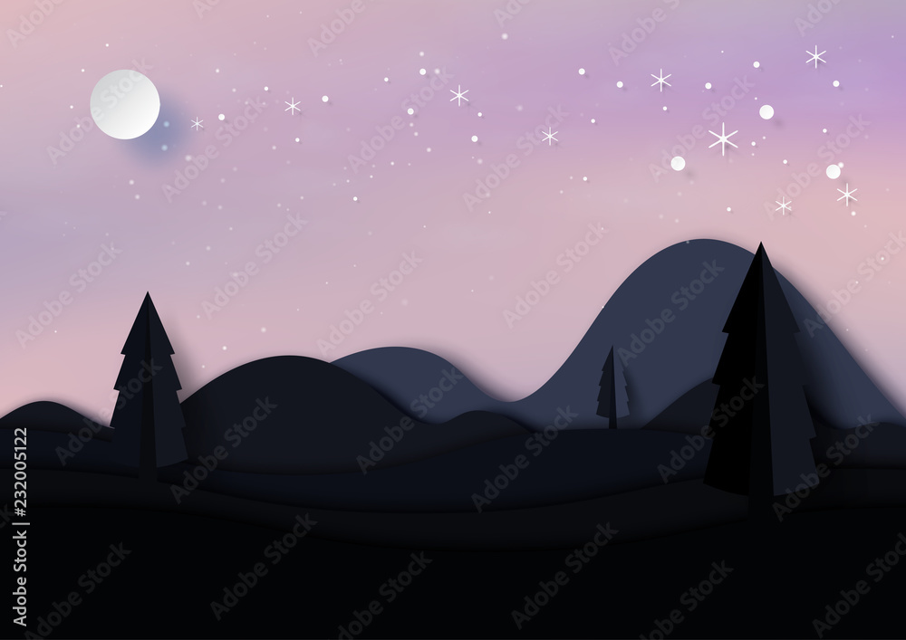 Night winter season landscape background for merry christmas and happy new year paper art style.Vector illustration.