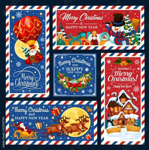 Santa on Xmas sleigh and air ballon with gifts