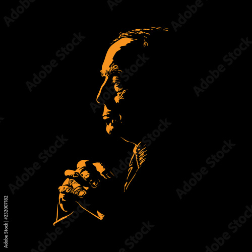 Old Man is praying. Silhouette in backlight. Vector. Illustration.