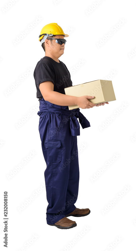 worker in Mechanic Jumpsuit Was carrying a box isolated on white background worker in Mechanic Jumpsuit Was carrying a box isolated on white background