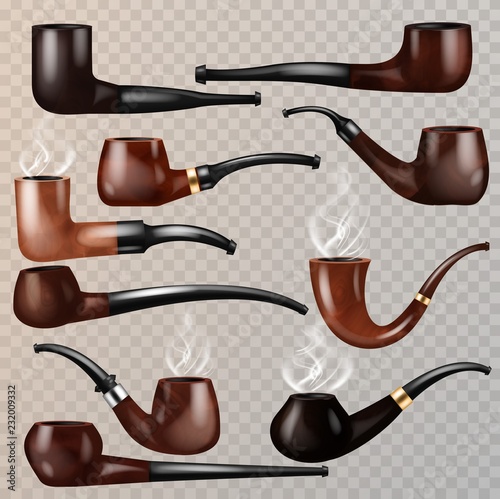 Tobacco pipe vector vintage nicotine smoker object classic retro smoking-pipe product illustration set of realistic old smoke accessory isolated on transparent background