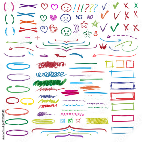Highlighter markers vector highlighting with hand drawing elements or numbers to select and highlight text illustration set of marked lines and arrows isolated on white background