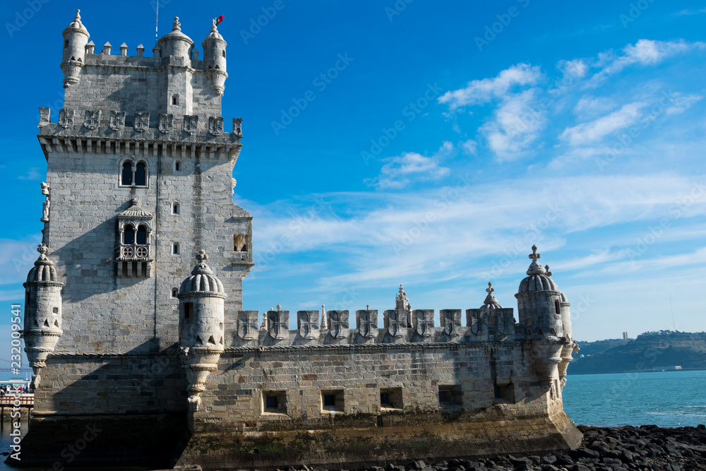 Belem Tower or Tower of St Vincent (Torre de Belem) is a fortified tower located in the civil parish of Santa Maria de Belem. Belem, Lisbon. Portugal
