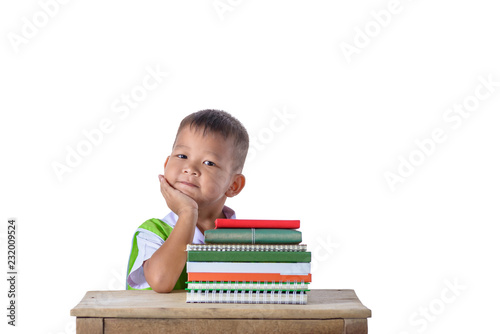 portrait of smiling little student asian boy with many books education and school concept isolated on white background