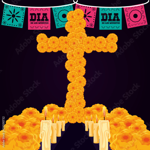 flower cross with candles of day the dead
