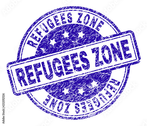 REFUGEES ZONE stamp seal imprint with grunge texture. Designed with rounded rectangles and circles. Blue vector rubber print of REFUGEES ZONE text with grunge texture.