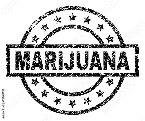 MARIJUANA stamp seal watermark with distress style. Designed with rectangle, circles and stars. Black vector rubber print of MARIJUANA caption with grunge texture.