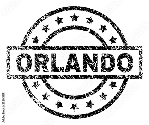ORLANDO stamp seal watermark with distress style. Designed with rectangle, circles and stars. Black vector rubber print of ORLANDO label with dust texture.