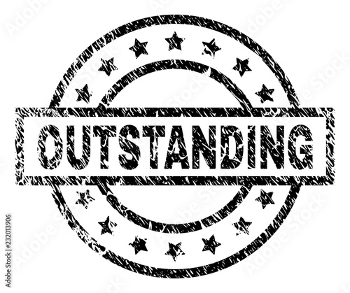 OUTSTANDING stamp seal watermark with distress style. Designed with rectangle, circles and stars. Black vector rubber print of OUTSTANDING title with unclean texture.