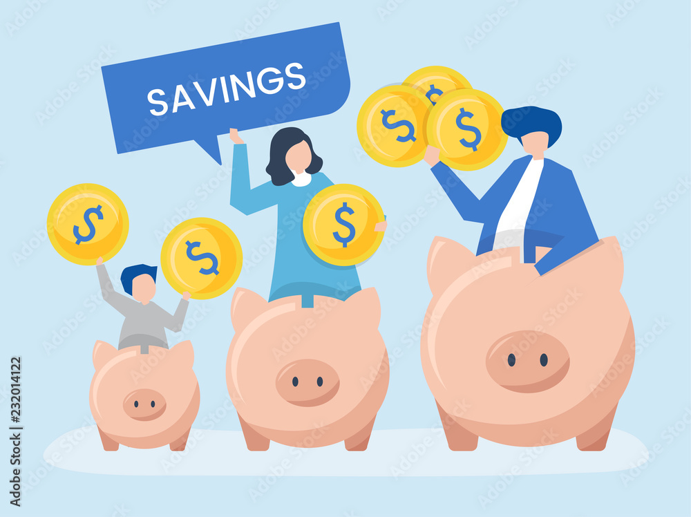 Family with savings and piggy bank icons illustration Family with savings and piggy bank icons illustration