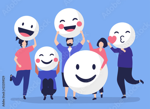 Characters of people holding positive emoticons illustration photo