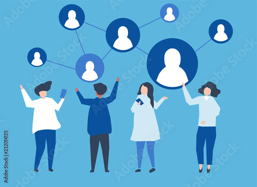 Characters of people and their social network illustration