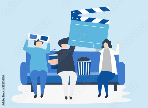 Characters of people holding movie icons illustration