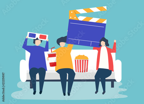 Characters of people holding movie icons illustration