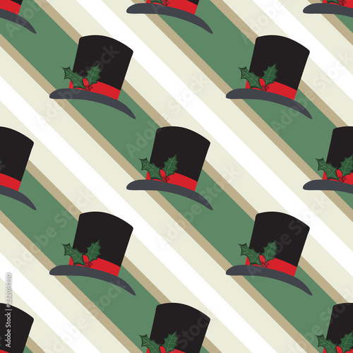 Festive Christmas seamless vector pattern featuring a classic top hat with a holly sprig. Diagonal stripes in green, gold, and white. For holiday invitations, gift wrapping paper and decorations.