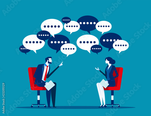 Office workers meeting and talk with business, Concept business vector illustration, Flat business cartoon, Speech balloons, Ideas, Agreement.