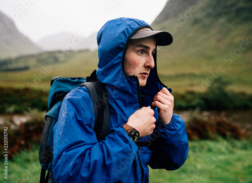 Man zipping up his jacket in the cold photo