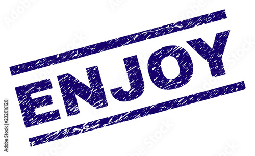 ENJOY seal print with scratced style. Blue vector rubber print of ENJOY text with corroded texture. Text tag is placed between parallel lines.