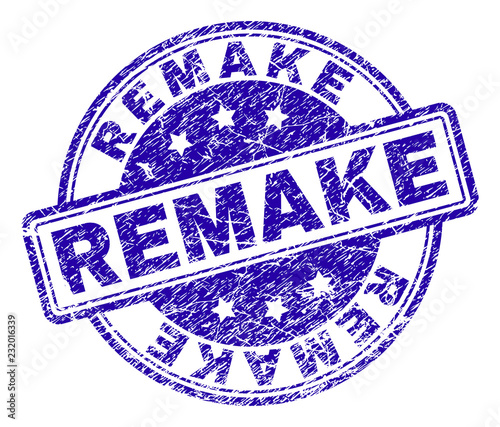 REMAKE stamp seal watermark with grunge texture. Designed with rounded rectangles and circles. Blue vector rubber print of REMAKE tag with grunge texture.