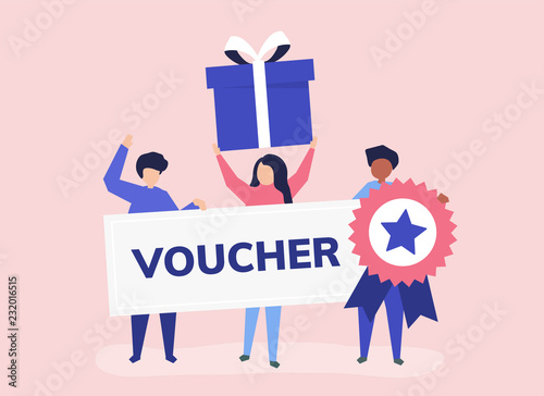 Character illustration of people holding voucher icons