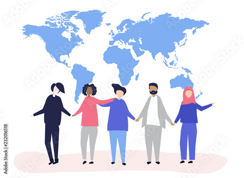 Character illustration of people with a world map illustration