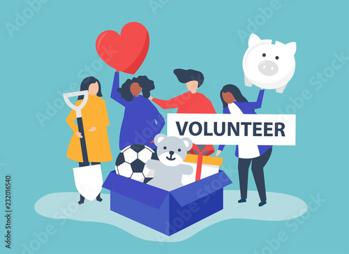 People volunteering and donating money and items  to a charitable cause
