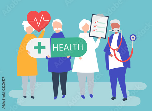Character illustration of elderly people holding health icons