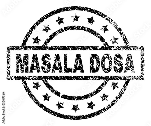 MASALA DOSA stamp seal watermark with distress style. Designed with rectangle, circles and stars. Black vector rubber print of MASALA DOSA title with dirty texture.